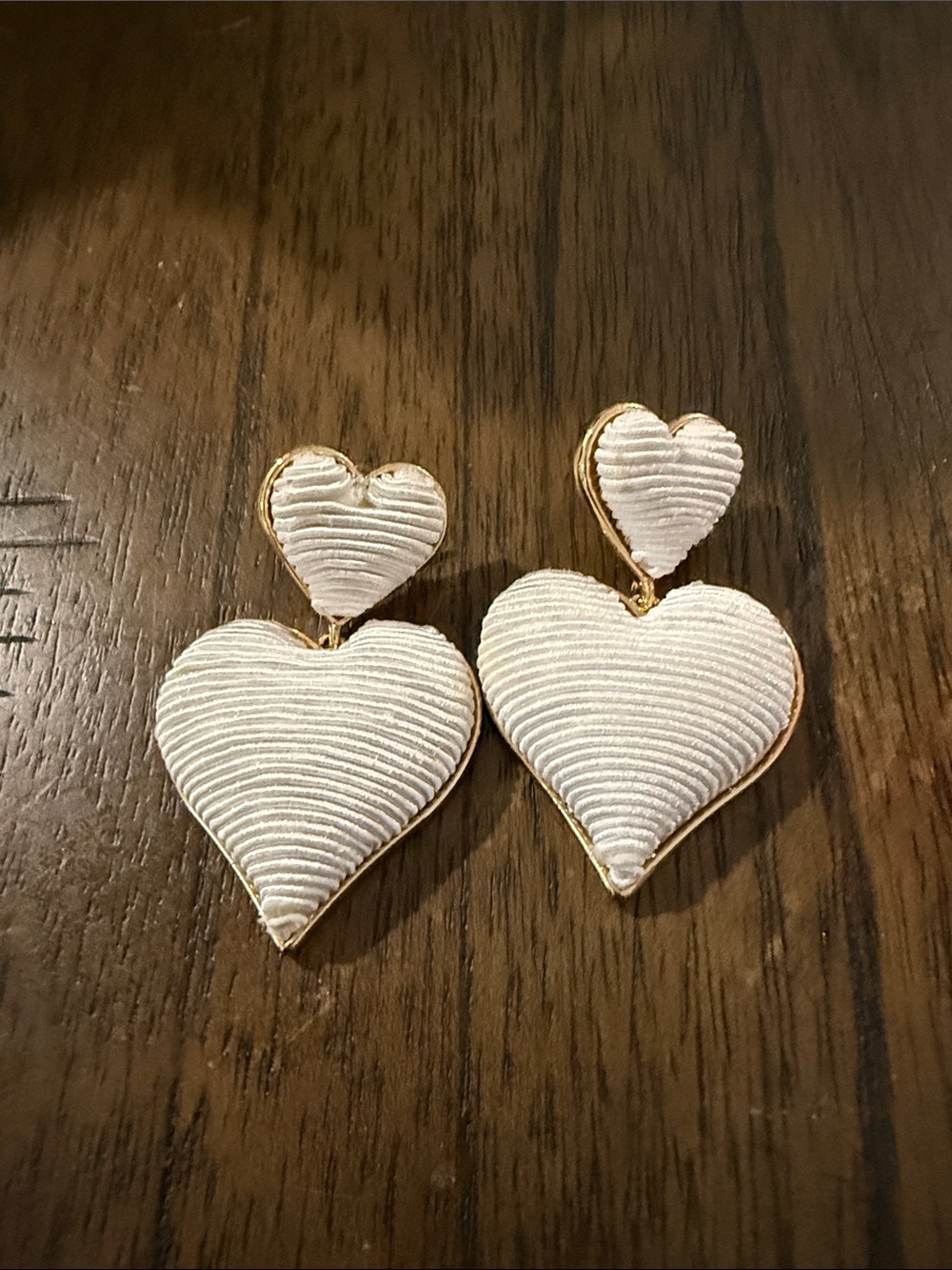 White Heart Drop Earrings - Gold Trim